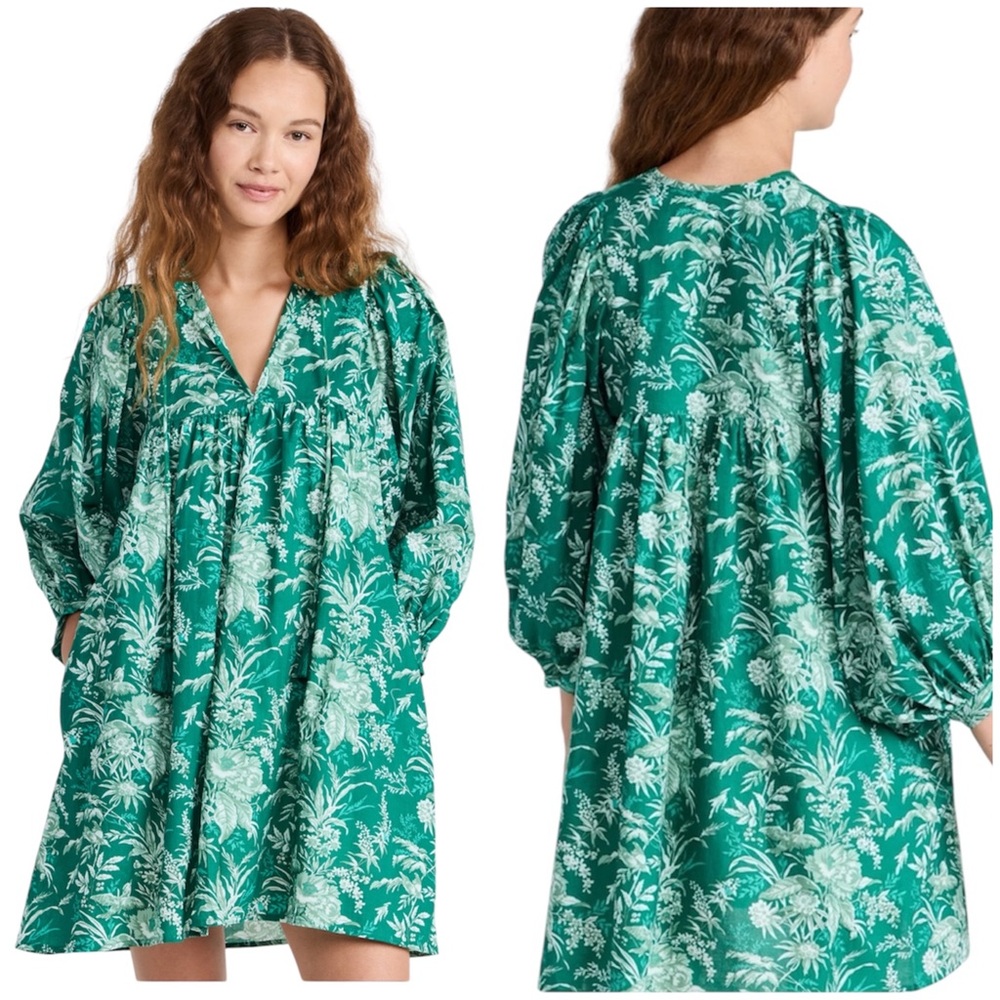 Mille Green Jade Paradise Daisy Boho Puffy Sleeve Mini Dress XXS